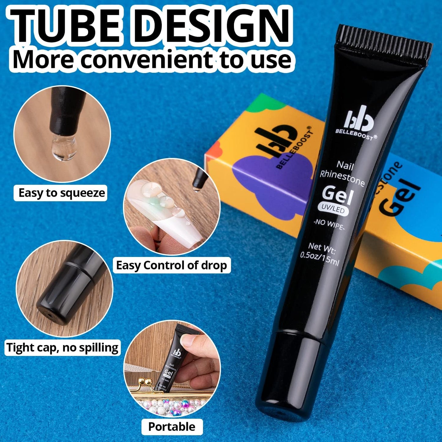 Nail Art Rhinestone Glue Gel&Flatback Gems Accessories Kit, 1 Tube of 15ml Rhinestone Gel Glue(UV/LED Needed)+1 Box of Flat-Back Round Glass Crystal AB Gemstones with Pickup Pencil and Tweezer