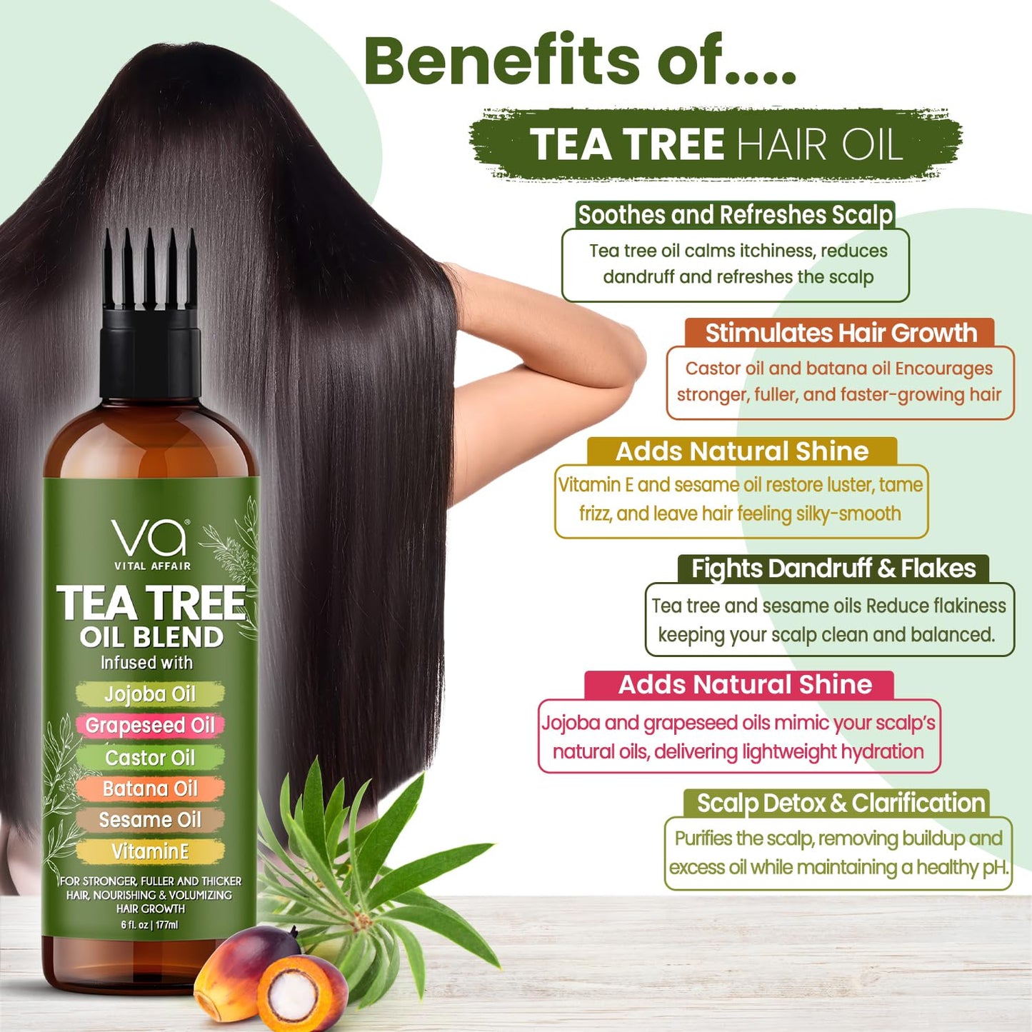Tea Tree Oil For Hair With Jojoba, Castor, Batana Oil - Tea Tree Hair And Scalp Treatment - Hair Oil For Dandruff - Helps Strengthen, Volumize & Promotes Hair Growth - 6 Fl Oz