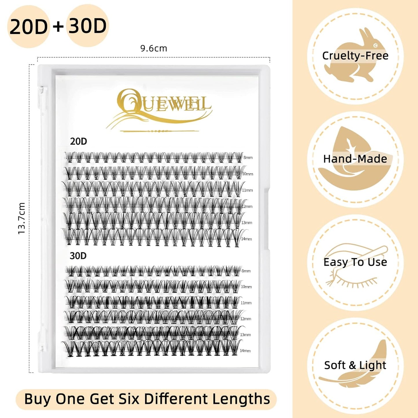 QUEWEL Lash Clusters 240Pcs Individual Lashes 20D+30D C Curl 8-14mm Length DIY Lash Extension Soft False Eyelashes Wispy Cluster Lashes Easy to Create Natural Look At Home(20D+30D-C-MIX8-14)