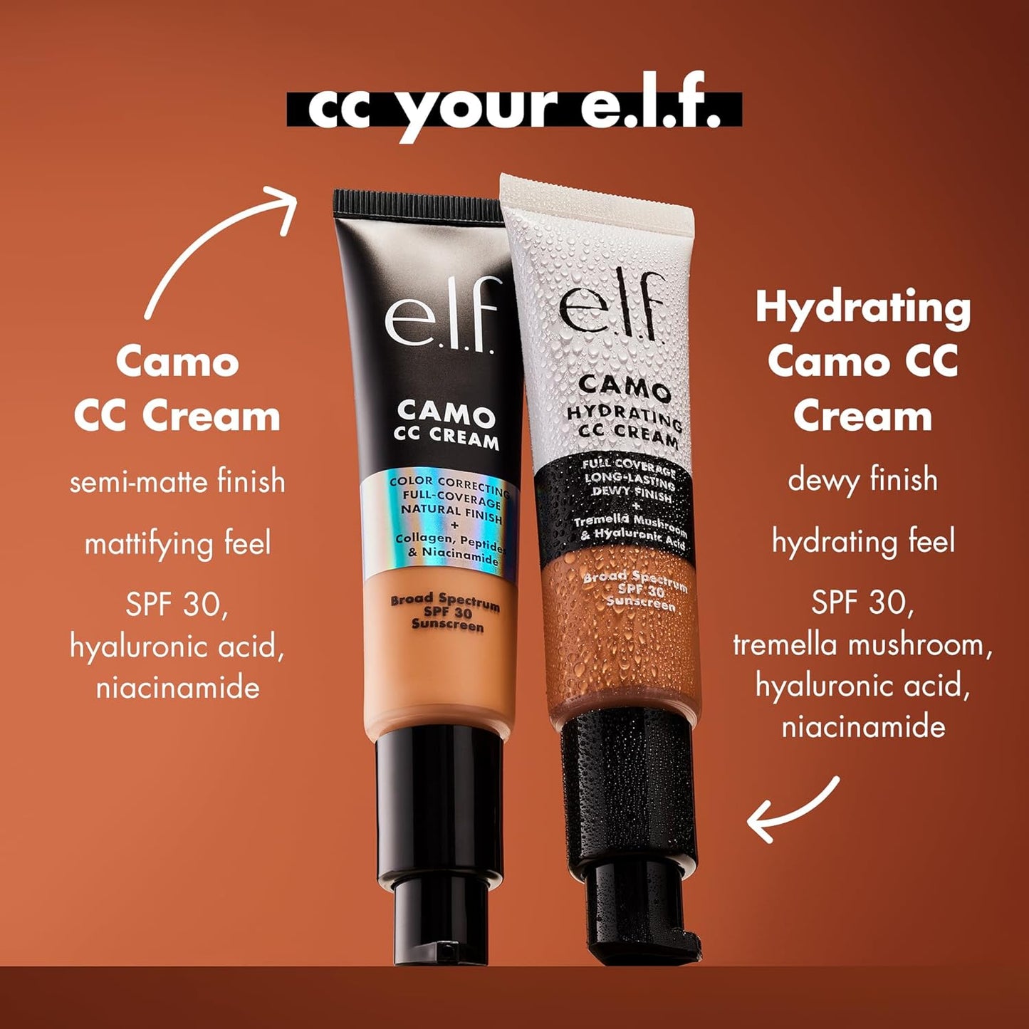 e.l.f. Hydrating Camo CC Cream, SPF 30, Color Correcting Full Coverage Foundation For A Dewy Finish, Vegan & Cruelty-Free, Deep 510 C