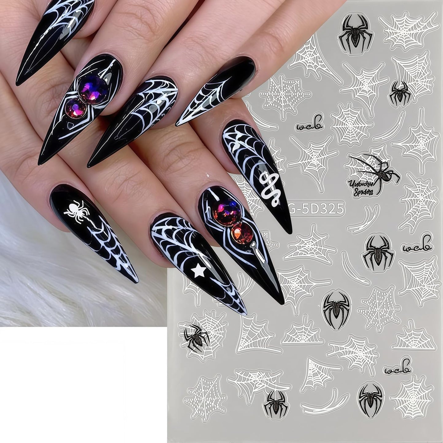 Halloween Spider for Nails Stickers Holiday Nail Decals 3D Self-Adhesive Black and White Spider Web Stickers Halloween Nail Art Sticker for Women Girls DIY Manicure Nails Accessories