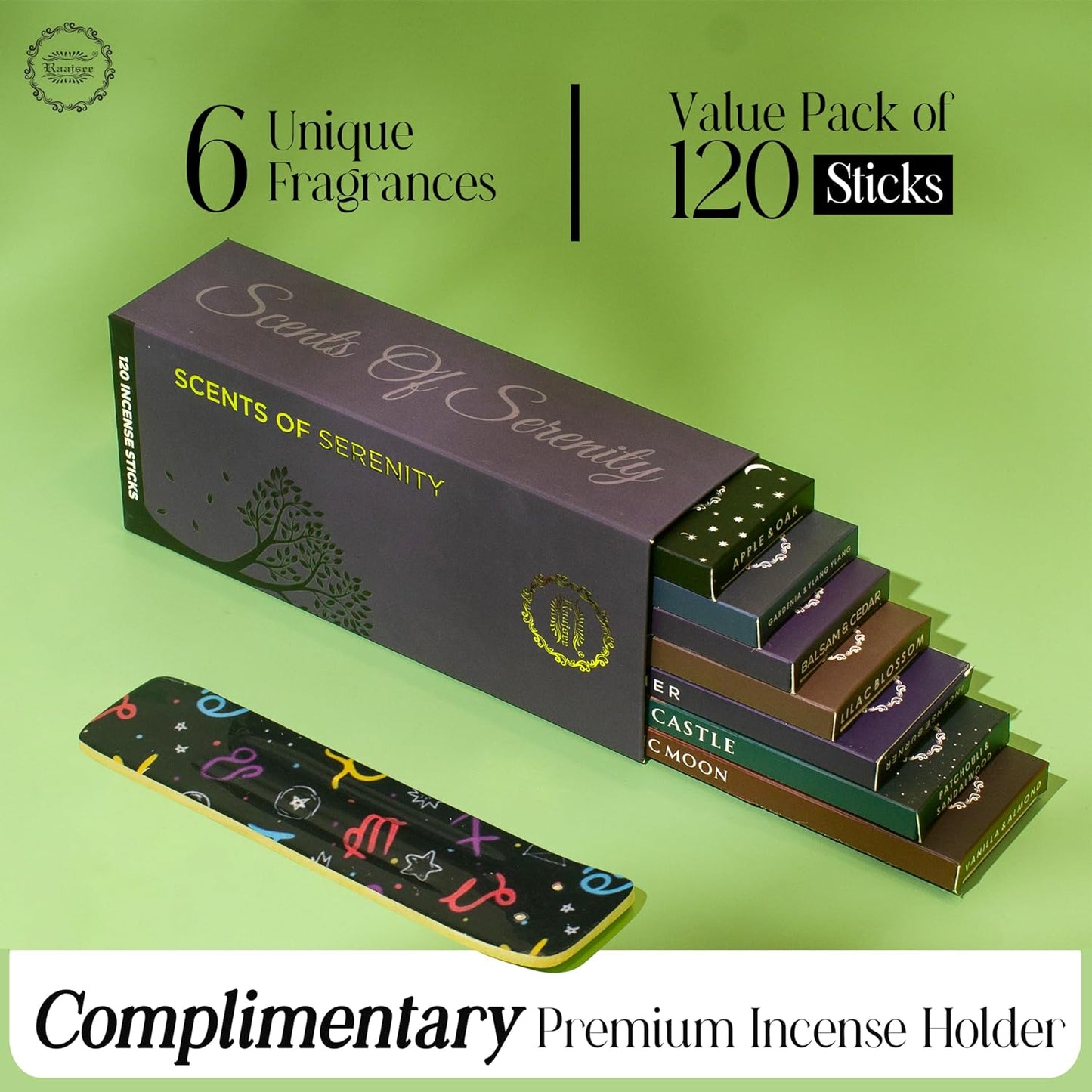 Raajsee Natural Incense Sticks with Inscent Holder, Pack of 6 Organic Insence-Sticks, 120 Incent Sticks, No Black Smoke,Witchy Gifts, Balsam & Cedar, Sandalwood, Apple Oak, Ylang Ylang, Vanilla