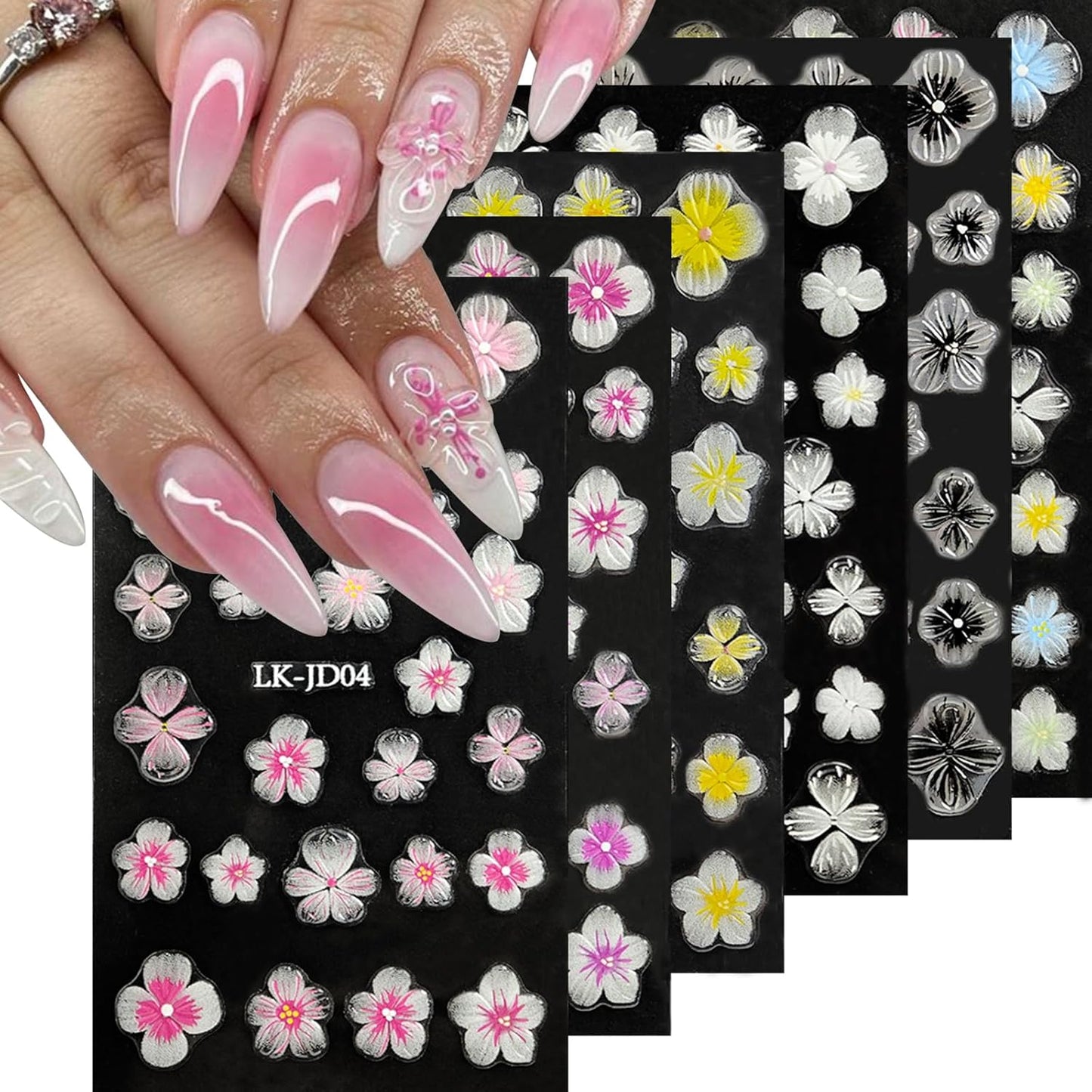 Flowers Nail Stickers 5D Embossed Nail Art 6 Sheets Colorful Nails Decals 3D Self-Adhesive Plumeria Supplies for Women Girls Manicure Nail Decoration Spring Summer Nails Design Sticker