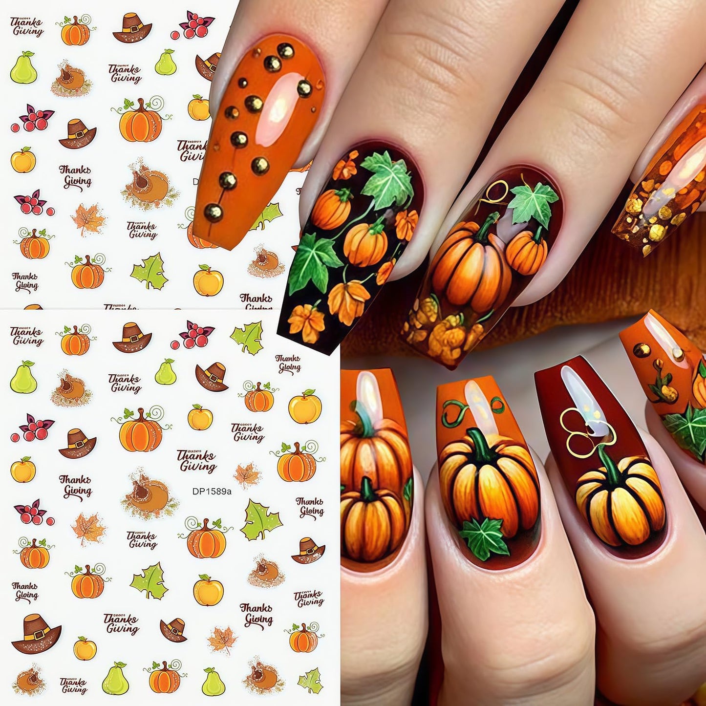 10 Sheets Thanksgiving Day Nail Stickers for Nail Art Fall Nail Sticker 3D Self-Adhesive Shiny Autumn Maple Leaf Turkey Pumpkin Nails Decals Holiday Maple Leaves Manicure Decoration for Salon Nails