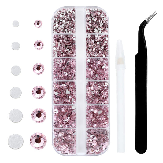 4240Pcs Flatback Pink Rhinestones Glass Crystal Gemstones for Nail Art Jewels Makeup Shiny Round with Tweezers and Picking Pen (SS6~SS20 Set)