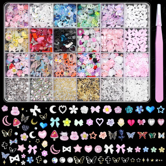 3D Nail Charms and Gems Mix Styles Butterfly Flower Bow Heart Colorful Assorted Nail Art Charm for Acrylic Nails Design, Pearls Nails Charms with Rhinestones Tiny Beads with Tweezers