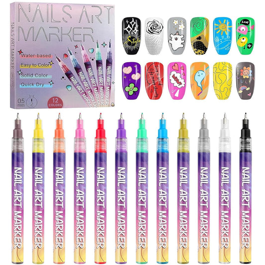 Kalolary 12 Color Nail Art Pens Set, Nail Art Markers Polish Pens Nail Point Graffiti Dotting Pen Drawing Painting Liner Brush for DIY Nail Art Beauty Adorn Manicure Tools