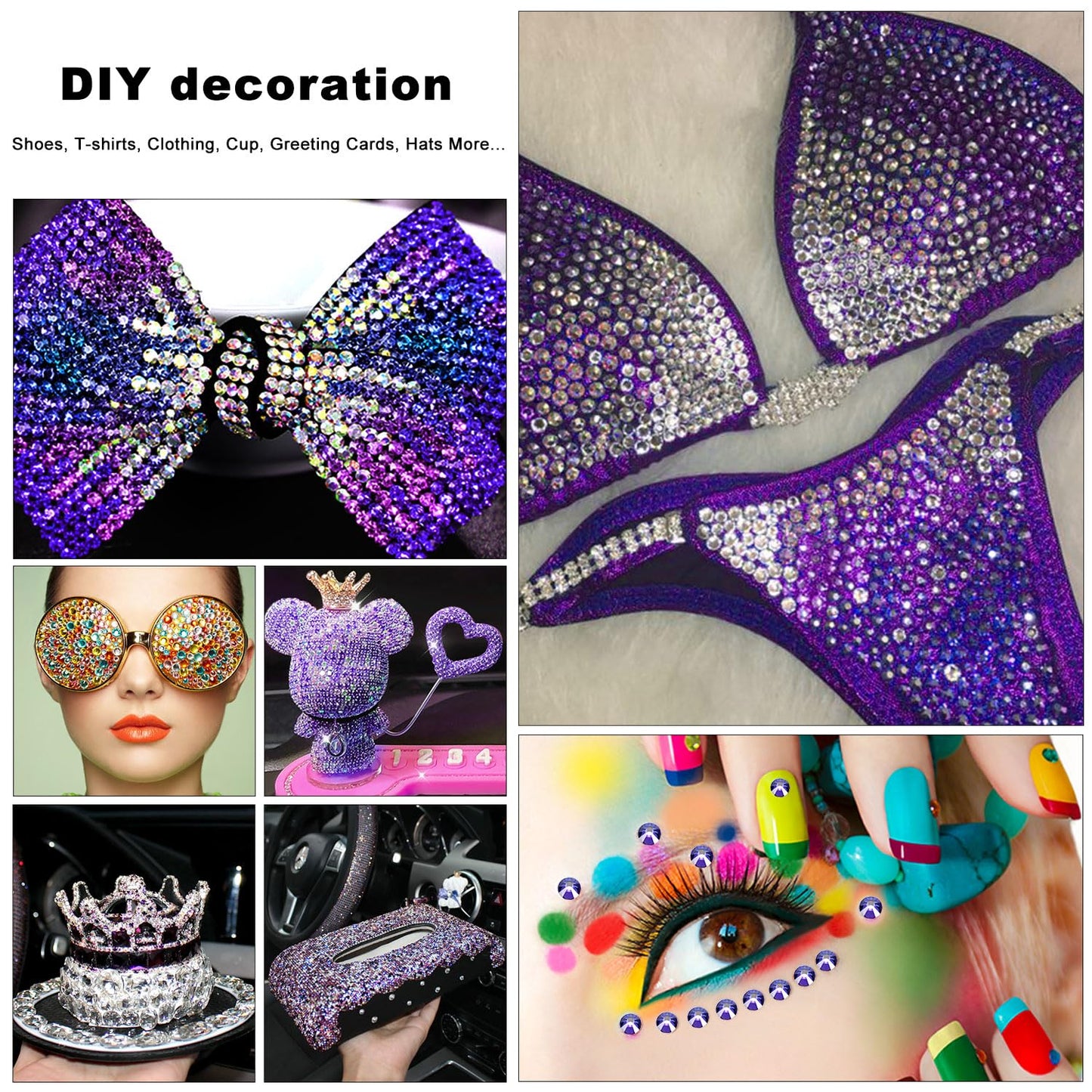 4240Pcs Purple Velvet Flatback Rhinestones 6 Sizes Crystal Diamonds for Nail Art Crafts Clothes Shoes with Tweezers and Picking Pen