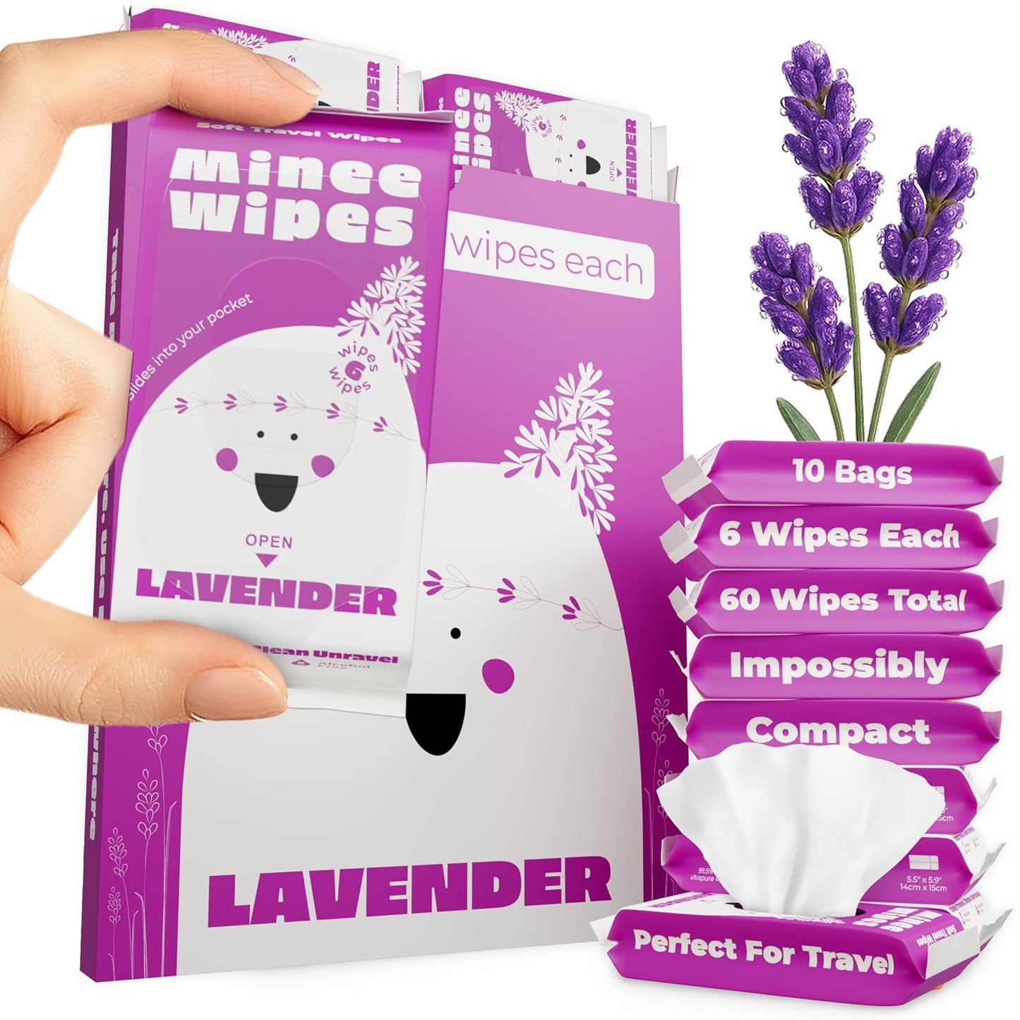 Impossibly Compact Travel Wipes with Fragrance - Skin-Friendly, Hypoallergenic & Scented Wet Wipes for Adults, Kids & Baby Care (60 Wipes Total, Lavender)