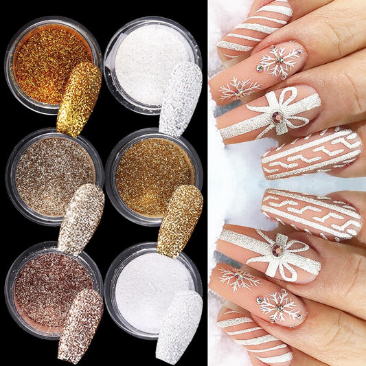 6 Colors Nail Glitter Set, White Gold Sugar Nail Glitter Candy Coat Powder, Sparkle Winter Sweater Design Manicure Decor