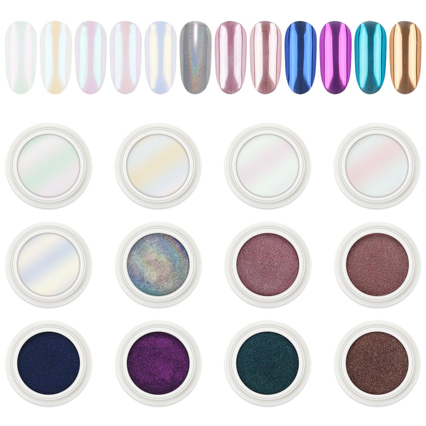 AIMEILI Pearl Nail Powder, Vegan, Cruelty Free, 12 Colors Chrome Aurora Metallic Holographic Mirror Effect Nail Art Pigment Iridescent Shell Glitter Nail Art