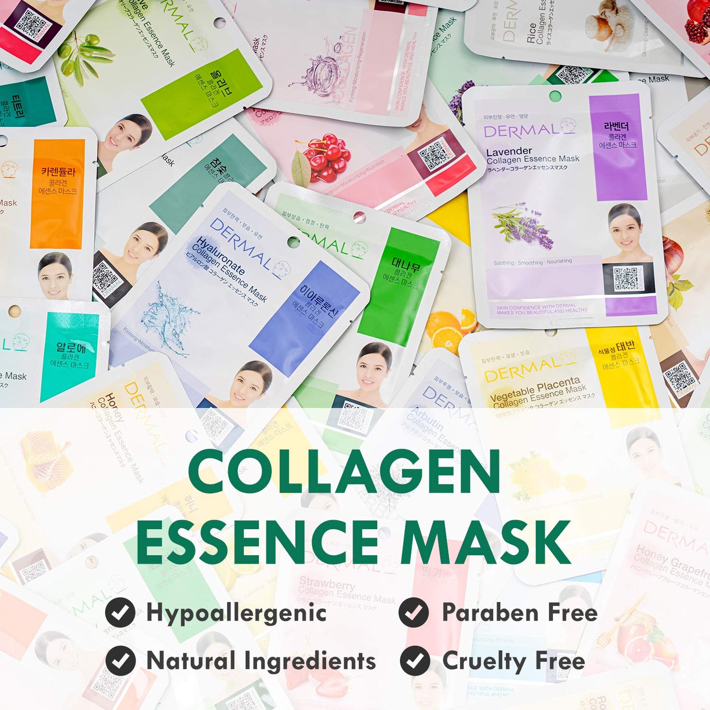 DERMAL Korean Collagen Face Mask – Hydrating & Soothing Sheet Mask with Panthenol – Hypoallergenic Calming Moisture Care for All Skin Types – 16 Combo Pack B