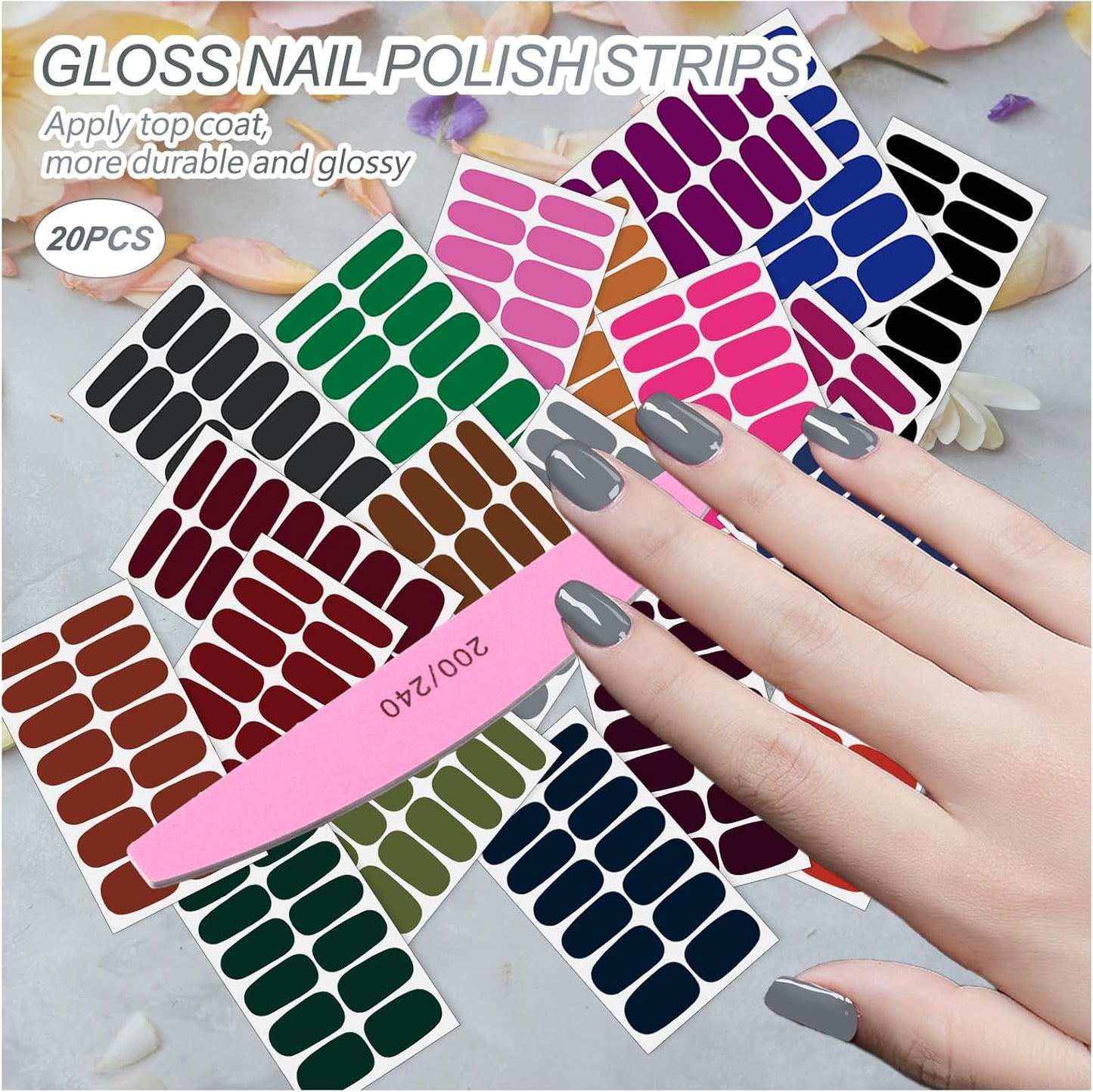 SILPECWEE Nail Stickers Full Nail Wraps (20 Sheets, Bright Color), Self Adhesive Nail Polish Strips, Gel Strips Manicure Design, Fingernail Sticker Nails for Women with File