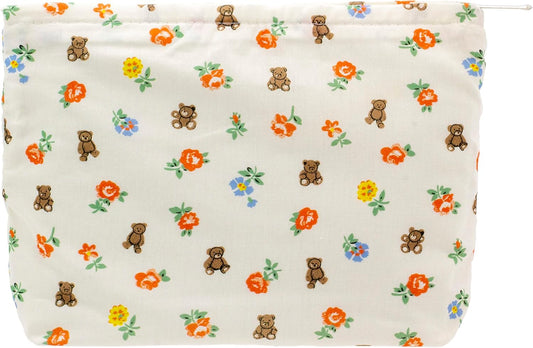 PAZIMIIK Floral Makeup Bag Large Cotton Zipper Pouch for Purse Travel Canvas Make Up Organizer for Women Cosmetic,Flower Bear White