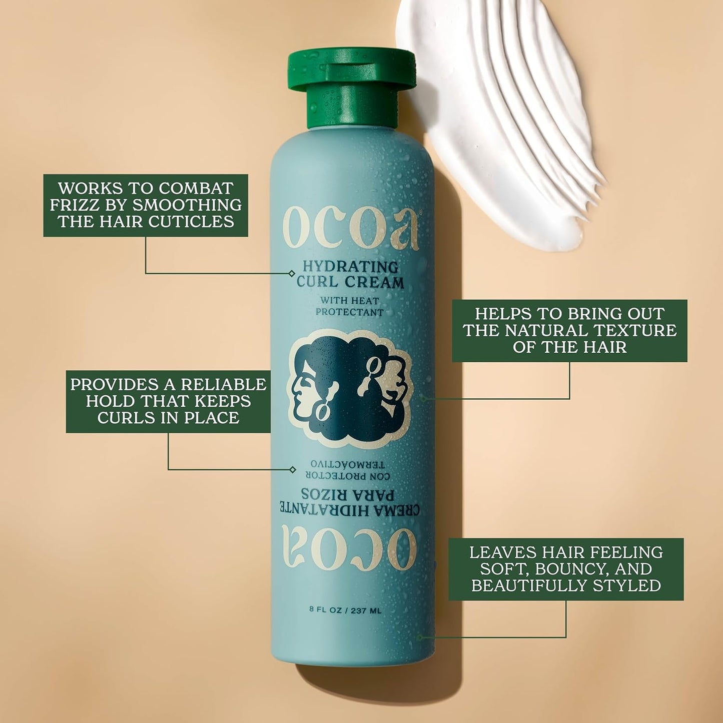 OCOA Beauty Hydrating Curl Cream with Hibiscus, Mango Butter, and Marula Oil - Defines, Moisturizes, Controls Frizz & Protects from Heat - For Curly & Wavy Hair, 8 oz