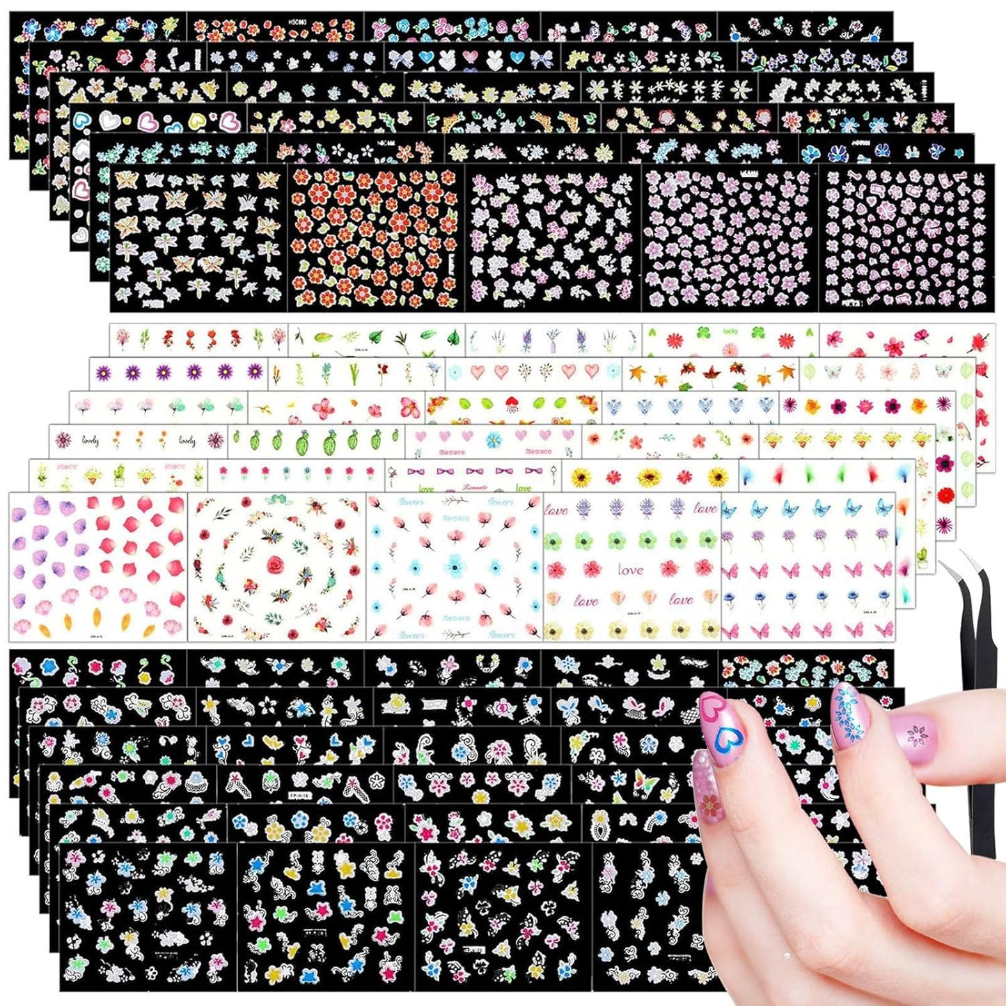 Blulu 5000 Pcs Flower Nail Stickers 100 Sheets 3D Self Adhesive Nail Stickers Multi Design Decals Multicolor Flower Manicure Decals with Tweezer(Retro Floral Series)