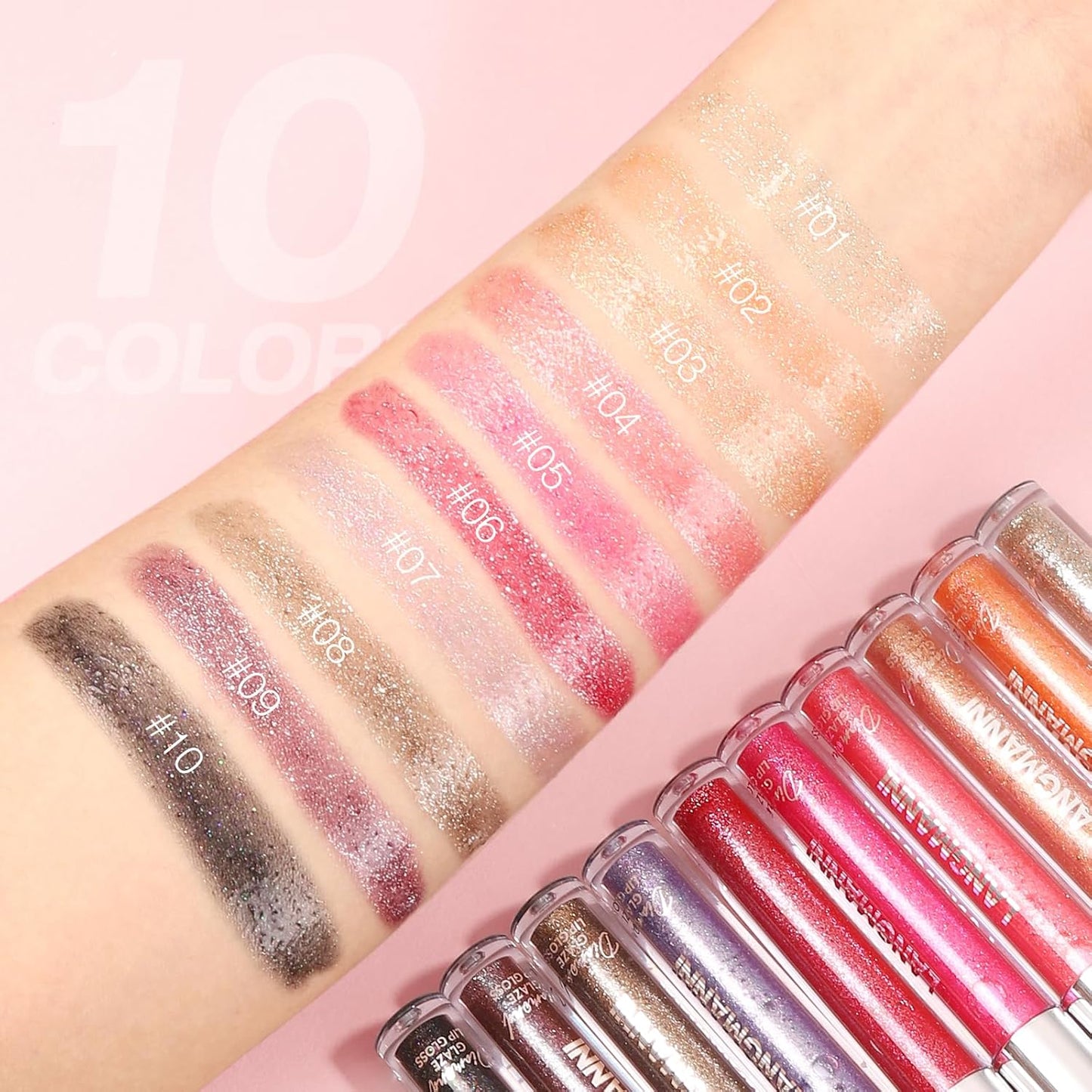 LANGMANNI 2 Colors Diamond Glitter Lip Gloss Set,Long Lasting High Shine Shimmer Liquid Lipstick Set,Hydrating,Moisturizing Lip Gloss Kit Gift Makeup For Girls(#07+08)