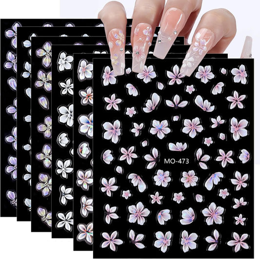 Flower Nail Stickers 6 Sheets Self-Adhesive Floral Nail Decals 5D Embossed Pink Purple White Nail Art Stickers for Women DIY Manicure Accessories Decorations