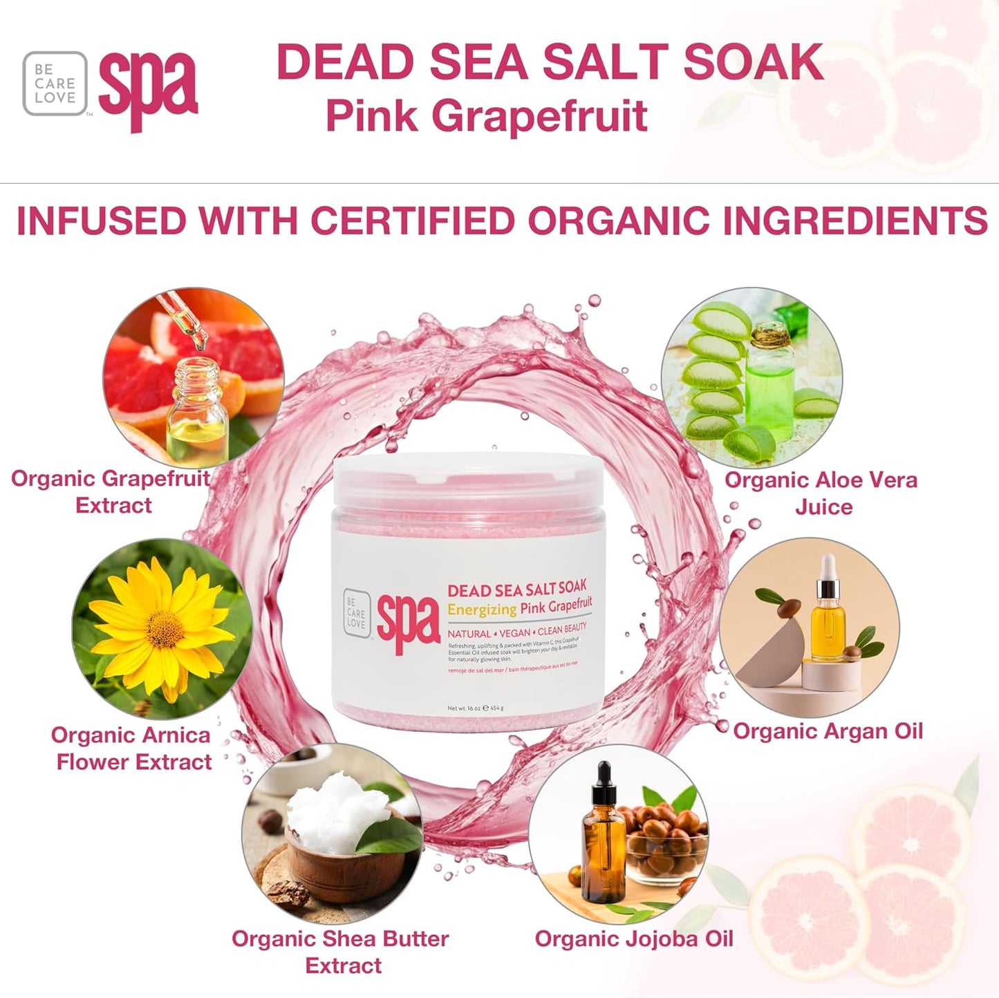 Be Care Love Spa: BCL SPA Energizing Pink Grapefruit Dead Sea Salt Soak with Organic Pink Grapefruit and Organic Argan Oil Made In USA 16 oz