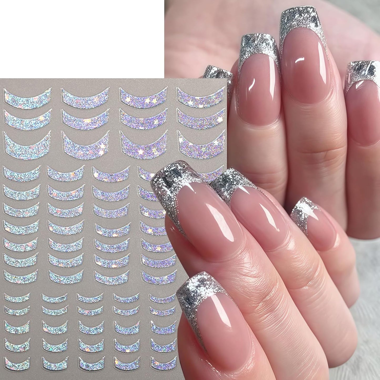 8 Sheets French Tip Nail Art Stickers 3D Self-Adhesive Gold Laser Stripes French Line Transfer Decals Curved Lines Nail Art Designs Glitter Guides Stripe Manicure Accessories for Women DIY Nail Decor