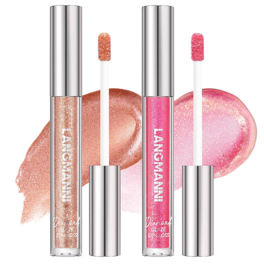 LANGMANNI 2 Colors Diamond Glitter Lip Gloss Set,Long Lasting High Shine Shimmer Liquid Lipstick Set,Hydrating,Moisturizing Lip Gloss Kit Gift Makeup For Girls(#03+04)