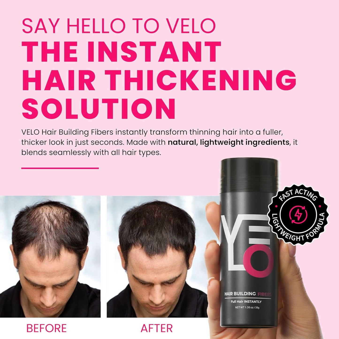 VELO Hair Building Fibers for Thinning Hair – DARK BROWN Hair Fibers for Men & Women – Covers Bald Spots, Hairline Powder, Hair Thickening Fibers – Hair Filler Powder for Fuller-Looking Hair – 30g