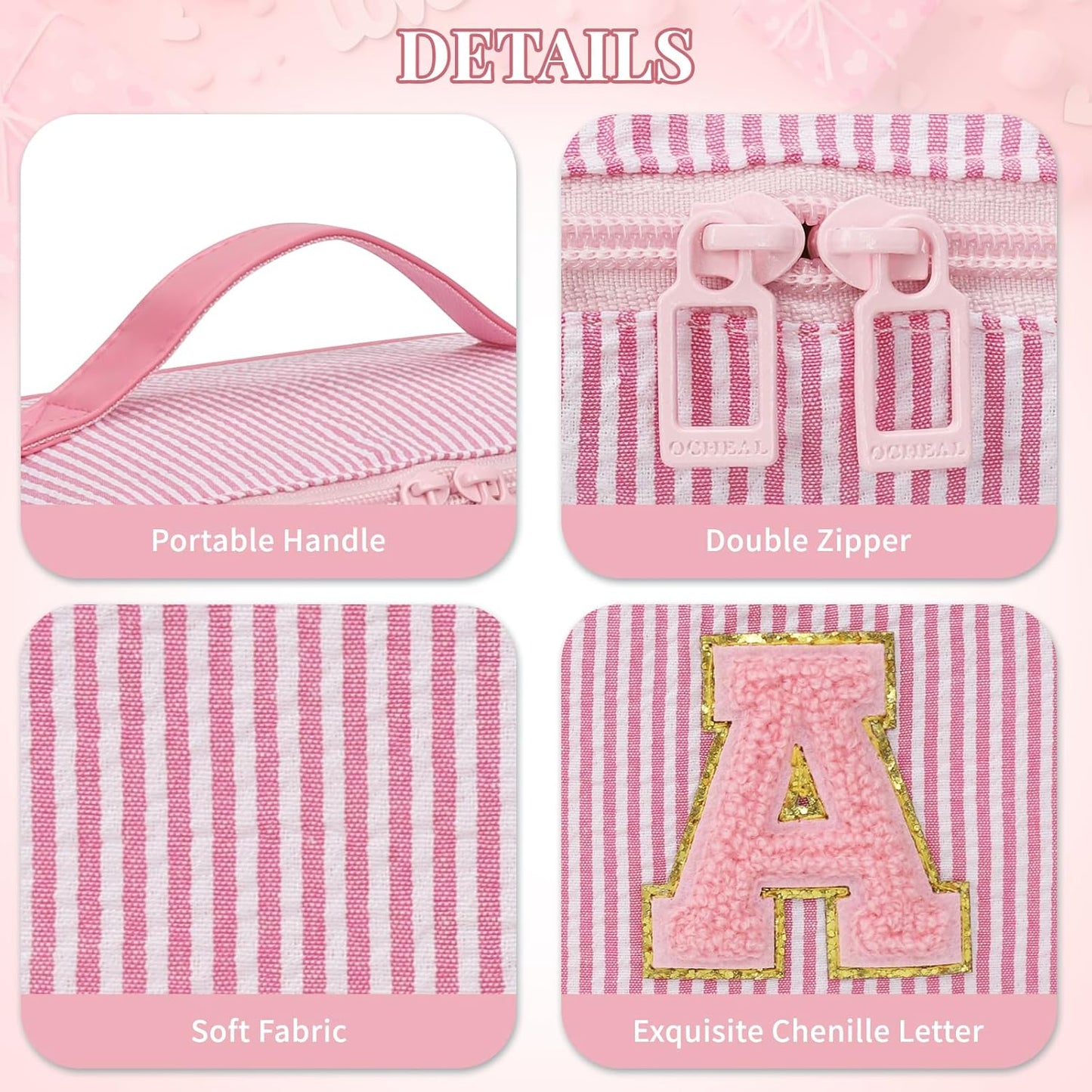 Travel Makeup Bag for Women, 2Pcs Portable Personalized Initial Makeup Organizer Bag, Open Flat Large Cosmetic Bag With Travel Essential Pouch (Pink Letter X)