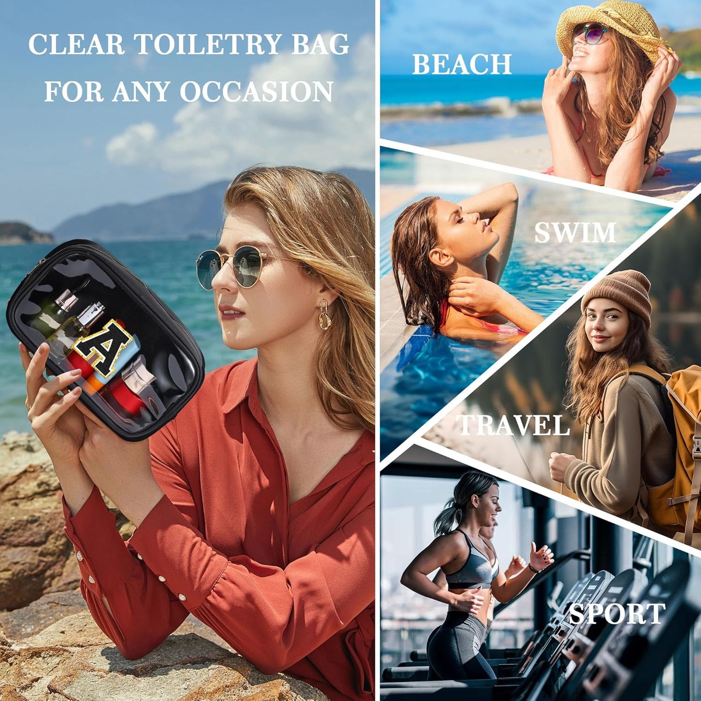 YOOLIFE Initial Travel Makeup Bag Pouch, Clear Toiletry Bag for Women Travel Accessories Cosmetic Bag Skin Care for Teen Make Up Bags Birthday Gifts for Women Unique Teacher Mom Friends Gifts Black F