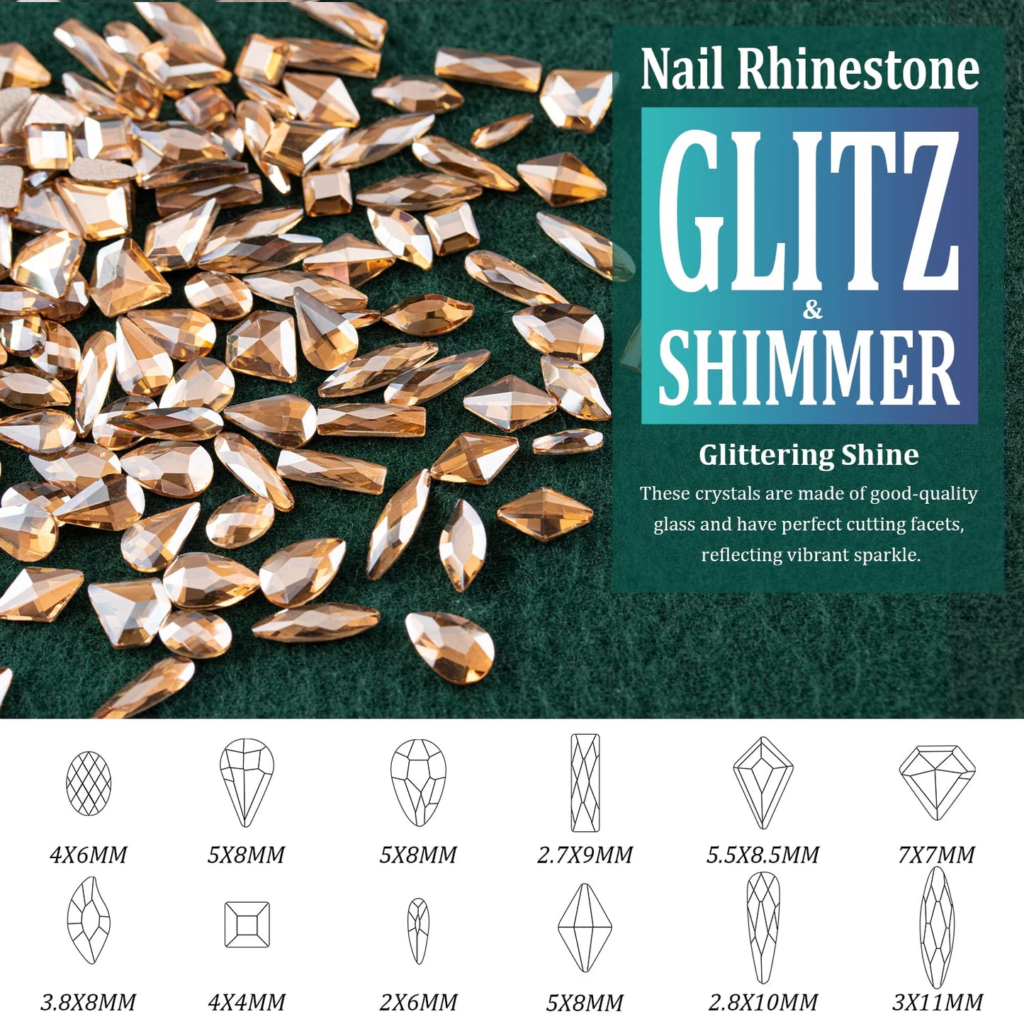 Multi Shapes Champagne 3D Glass Crystal Nail Art Rhinestones Kit with Flatback Round Bead Charm Gem Stone Jewelry Diamond with Pickup Pen + Tweezer for Manicure Makeup DIY Craft Decoration