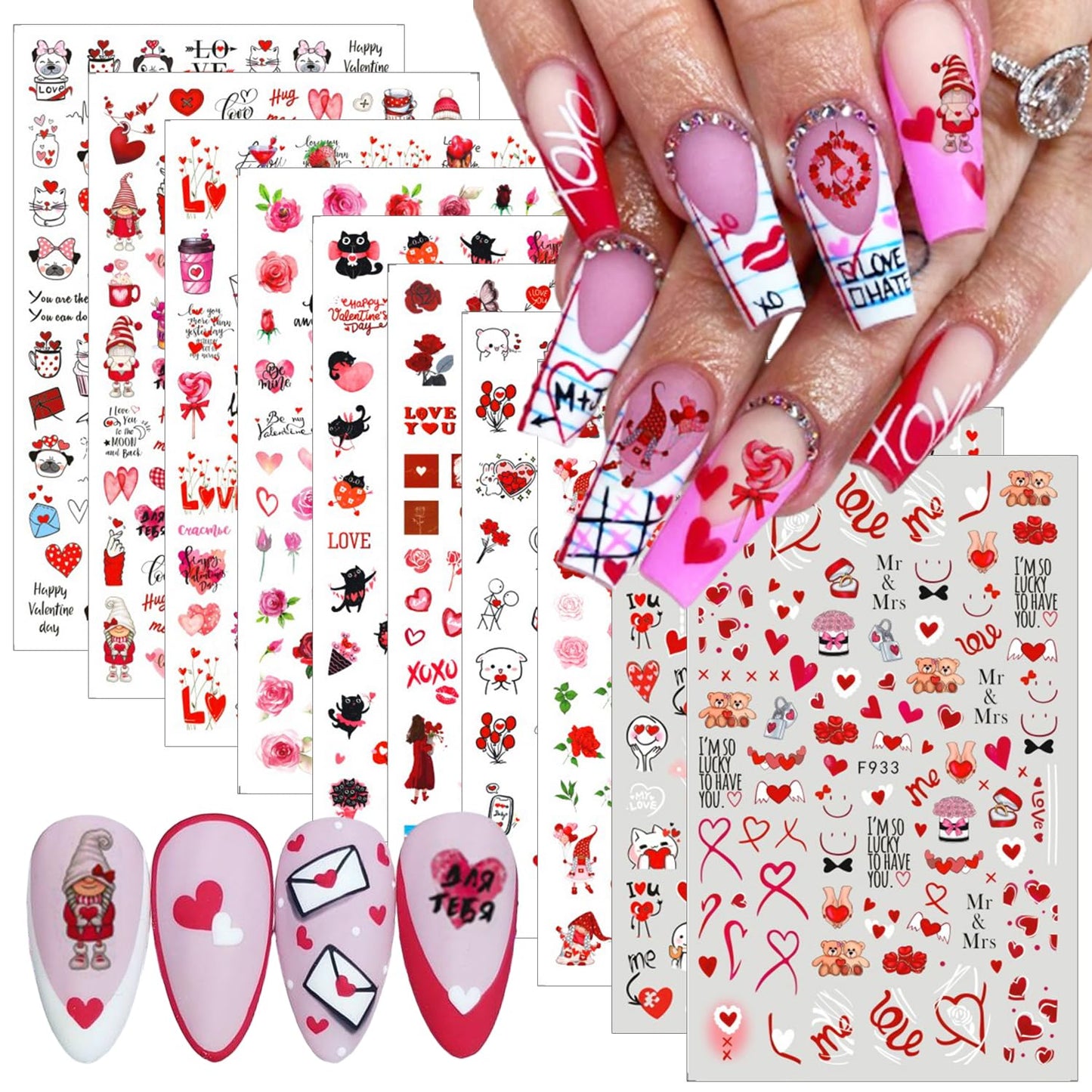 10 Sheets Valentines Day Nail Art Stickers 3D Heart Nail Decals Self-Adhesive Nail Art Design Decals Nail Supplies Red Pink Rose Sexy Lips Love Gnome Nail Stickers for Women DIY Manicure Decoration
