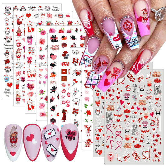 10 Sheets Valentines Day Nail Art Stickers 3D Heart Nail Decals Self-Adhesive Nail Art Design Decals Nail Supplies Red Pink Rose Sexy Lips Love Gnome Nail Stickers for Women DIY Manicure Decoration