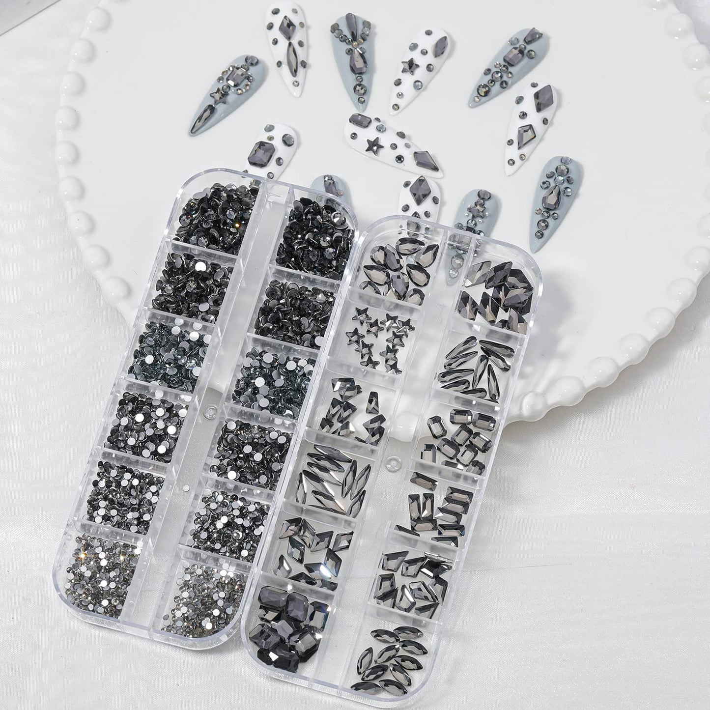 HNUIX Nail Rhinestones - 3D Multi Shape Size Crystal, Transparent Gray Nail Gems, Flat Back, with Kit, for Nail Art, DIY Decorations