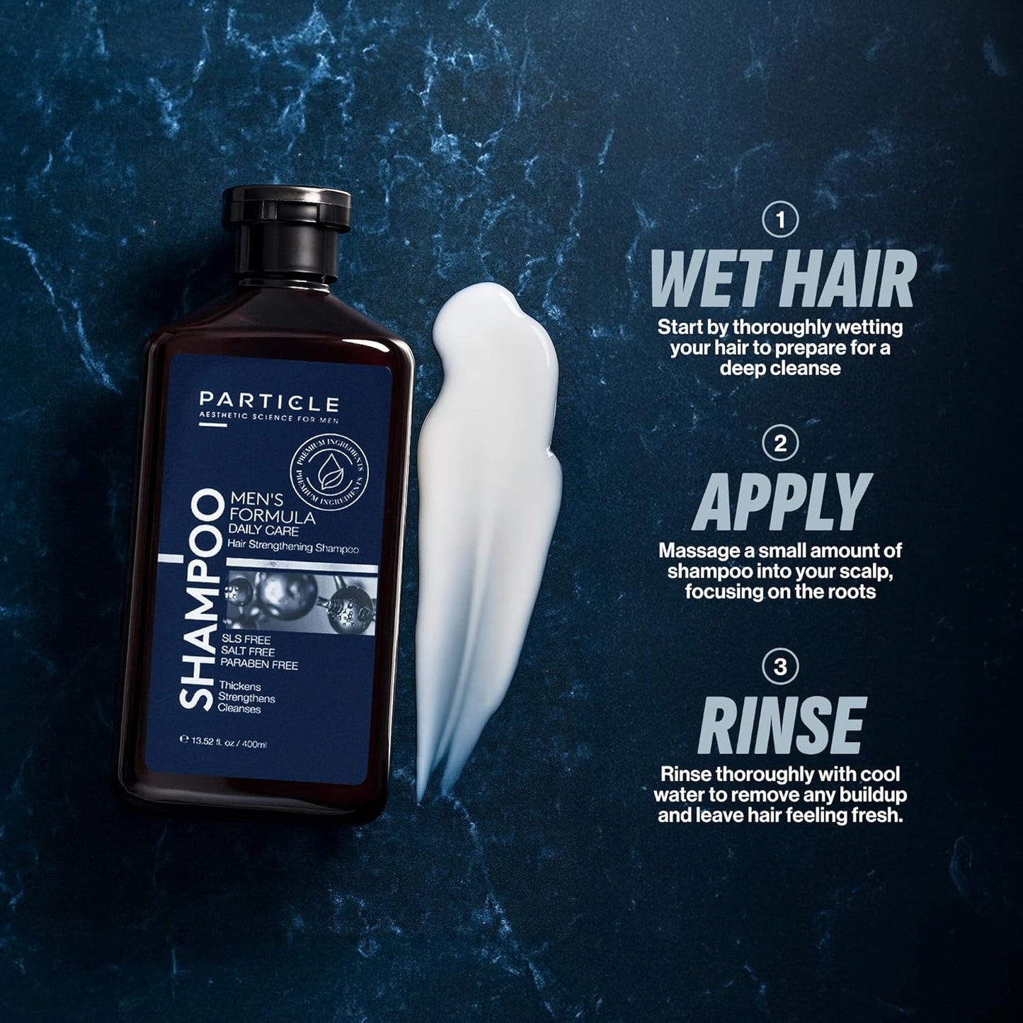 Particle Hair Thickening Shampoo for Men, Men’s Shampoo, Cleansing Formula Made with Biotin, Capixyl, Redensyl, Ginseng and Green Tea Extract for Hair Strength Support, Paraben Free, 400 mL