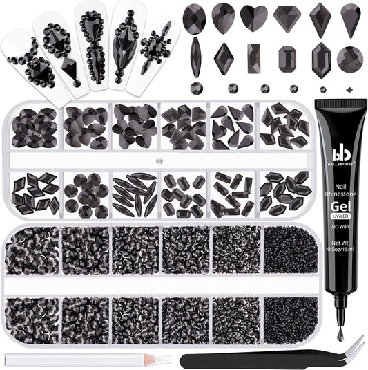 2630Pcs Black Glass Nail Rhinestones: 120Pcs Multi Shapes + 2510Pcs 1.5-4mm Round, Nail Art, Manicure, Craft Beads