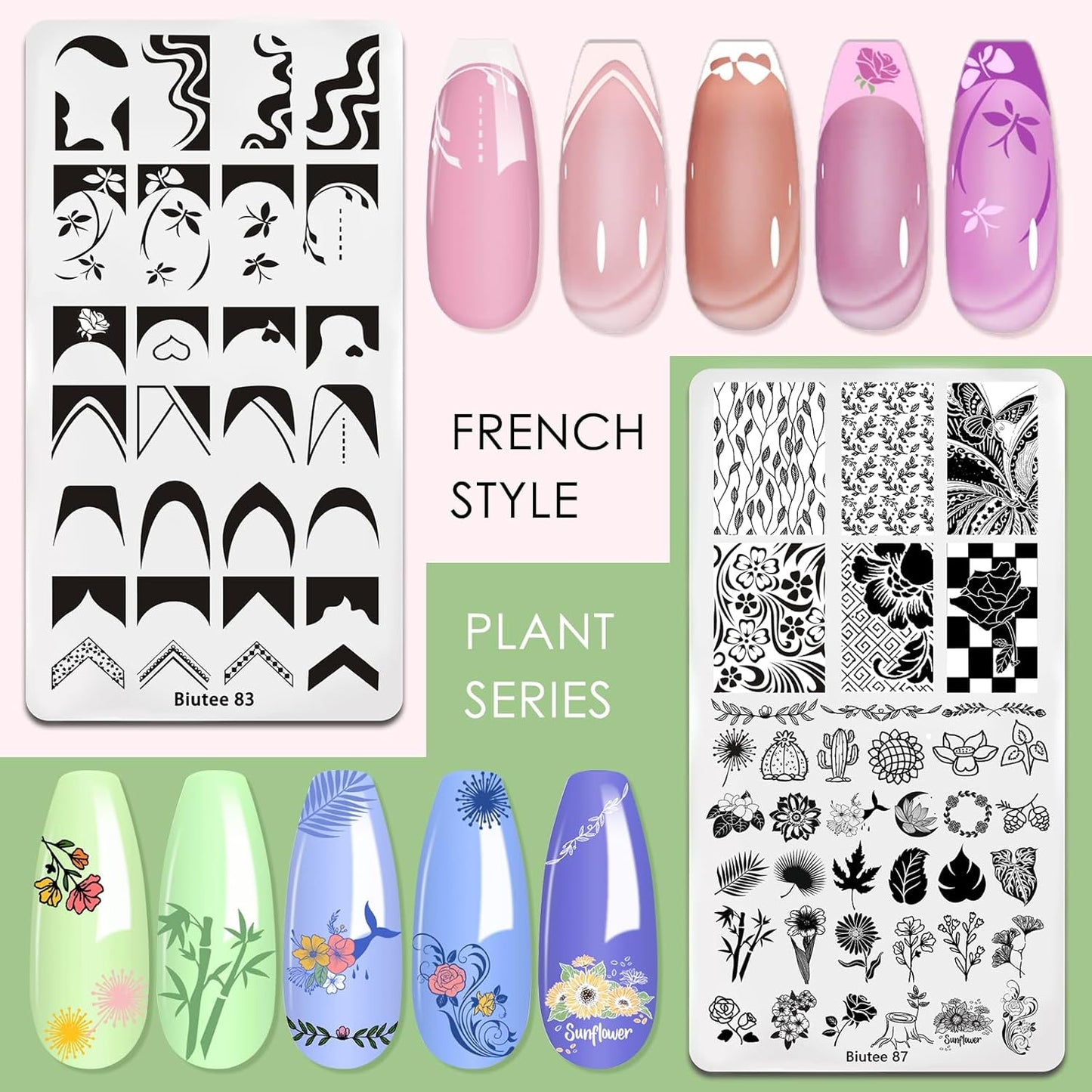 Biutee Nail Art Stamping Plates Set 10PCS French Line Stamp Templates, Nail Stamping Kit with Silicone Nail Stamper for DIY Print Manicure Salon Design Gift In Home