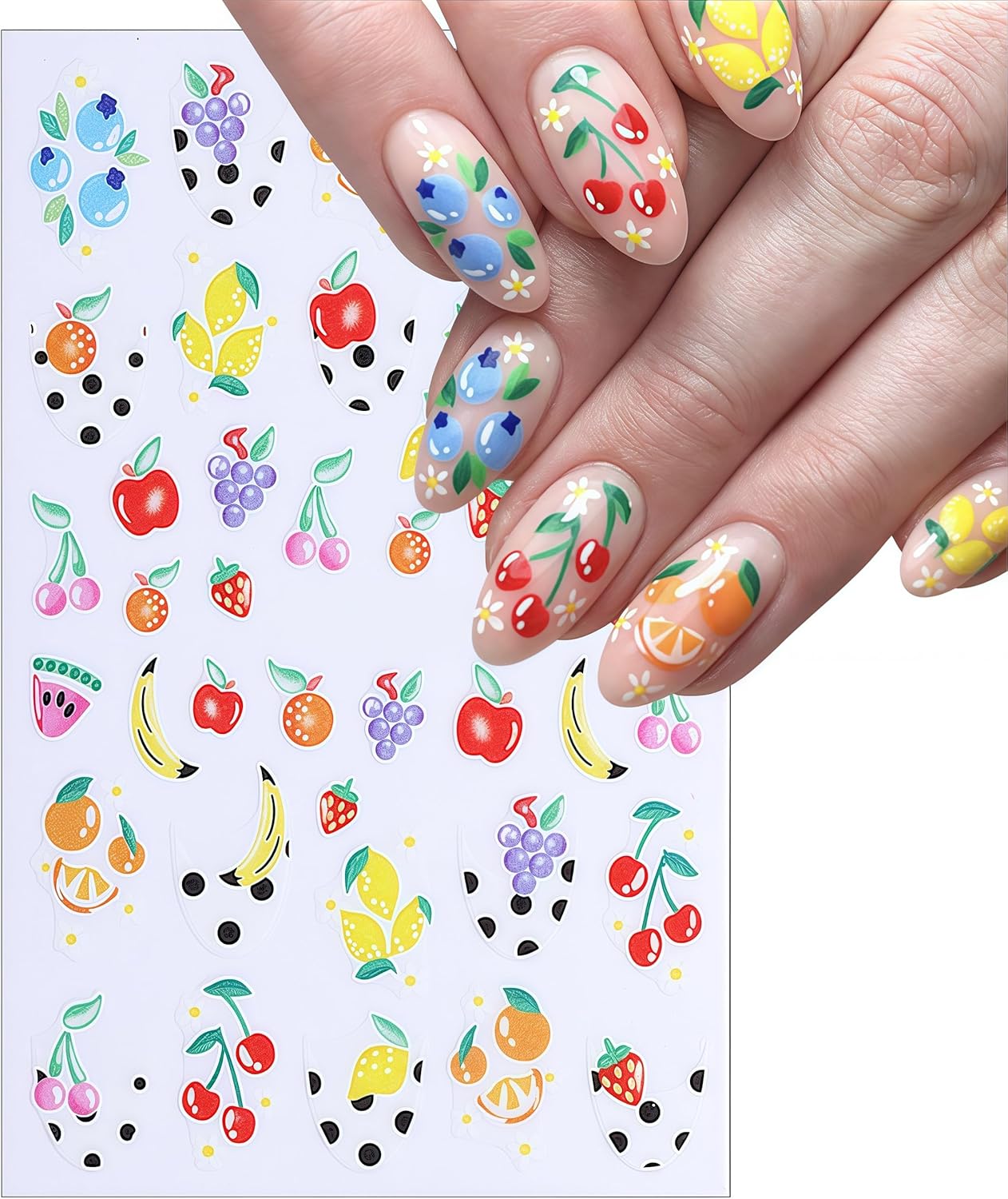 Summer Fruit Nail Art Stickers 3D Self-Adhesive Lemon Strawberry Blueberry Summer with Flower Design Decals Cute Fruit Sticker for Nails Women DIY Manicure Decorations 8 Sheets