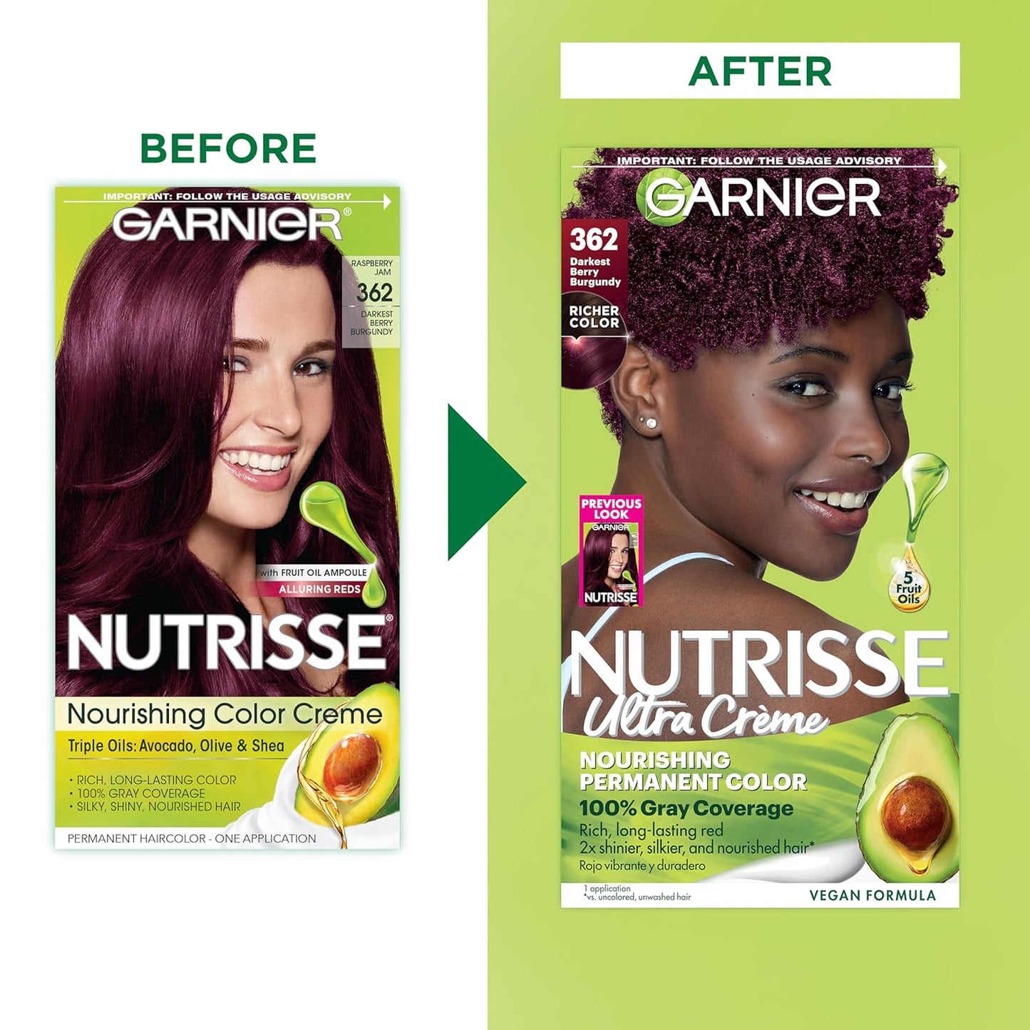 Garnier Hair Color Nutrisse Nourishing Creme, 362 Darkest Berry Burgundy (Raspberry Jam) Red Permanent Hair Dye, 2 Count (Packaging May Vary)