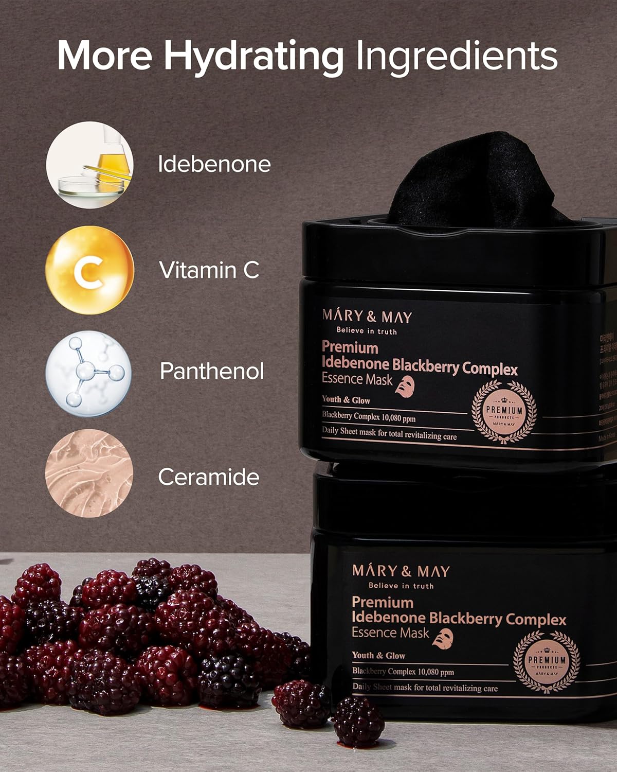 Mary&May Premium Idebenone Blackberry Complex Essence Mask - Quick Dispenser Type Anti Aging Korean Face Mask Sheet - Vitamin C, Panthenol, and Ceramide for Moisturizing and Radiant Skin, 20 Sheets