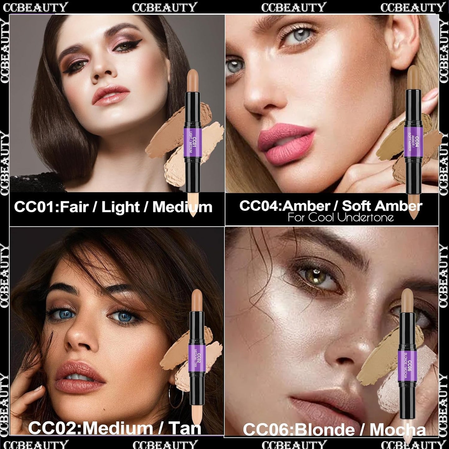 CCbeauty 2pcs 2-IN-1 Shimmer Contour Highlighter Stick with Blush,Cream Dual-End Highlight Bronzer Concealer & Blusher for Cheeks & Lip, Long Lasting Contouring for Face Shaping Makeup, Light-Medium