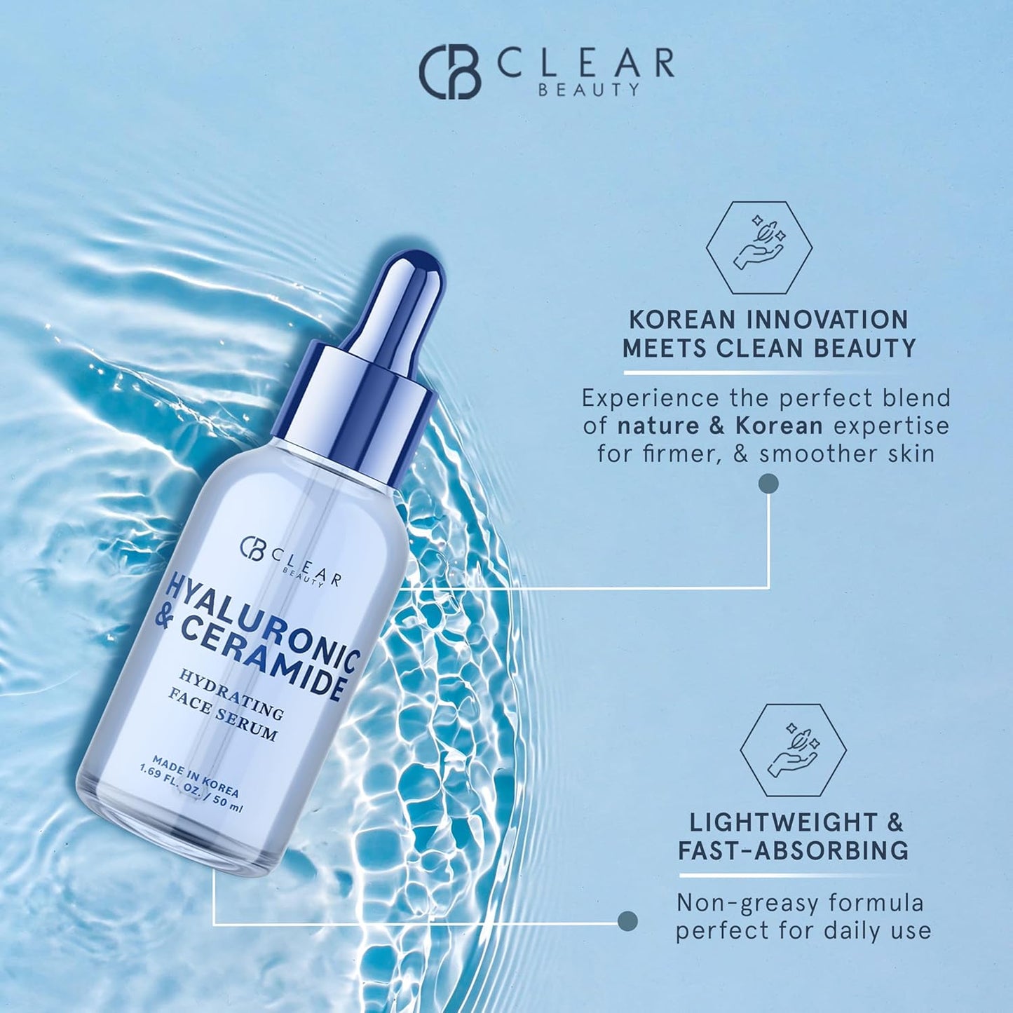 Hyaluronic & Ceramide Facial Serum - Dermatologist Tested, Anti-Aging, Korean Skin Care, Deep Hydration, Plumping & Smoothing - Vegan, Clean Beauty, Cruelty-Free, Non-GMO - 1.69 FL. Oz