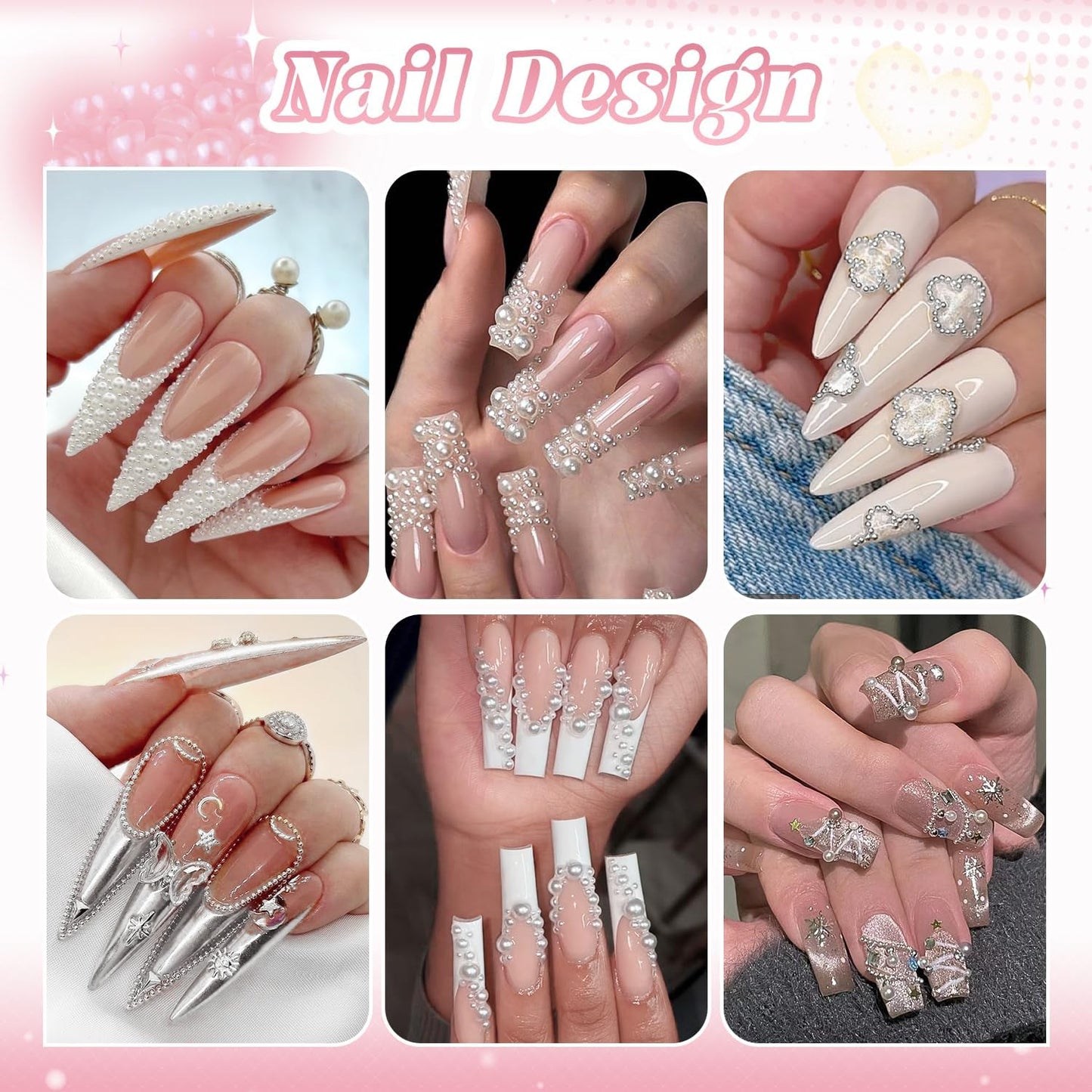 Luxurious Flatback Pearls (White) & Metal Nail Beads (Silver) with Rhinestones Glue Gel for Acrylic Nail Tips Manicure Decor