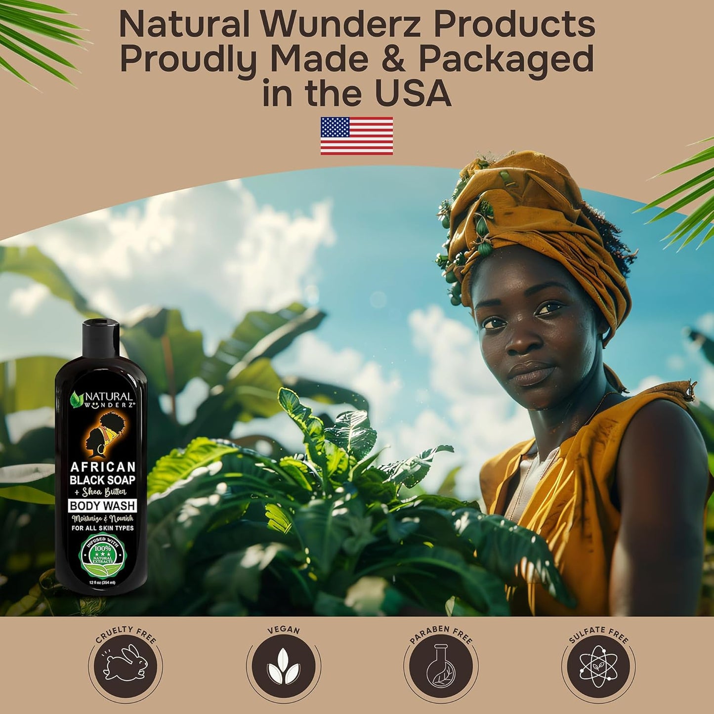 African Black Soap Body Wash, 12 oz – Sulfate‑Free, Vegan Cleanser with Shea Butter – Soothing, Detoxifying Shower Gel for Men & Women