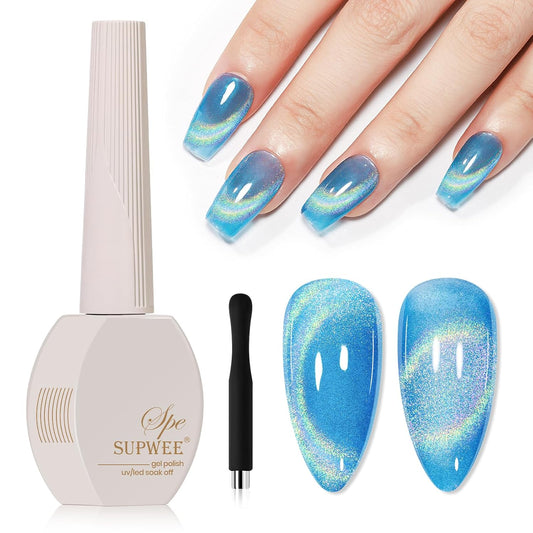 Blue Holographic Gel Nail Polish with Magnetic Rainbow Cat Eye Gel Nail Polish Cateye Glitter Nails Polishes Gels Iridescent Effect for Home DIY Women Girls