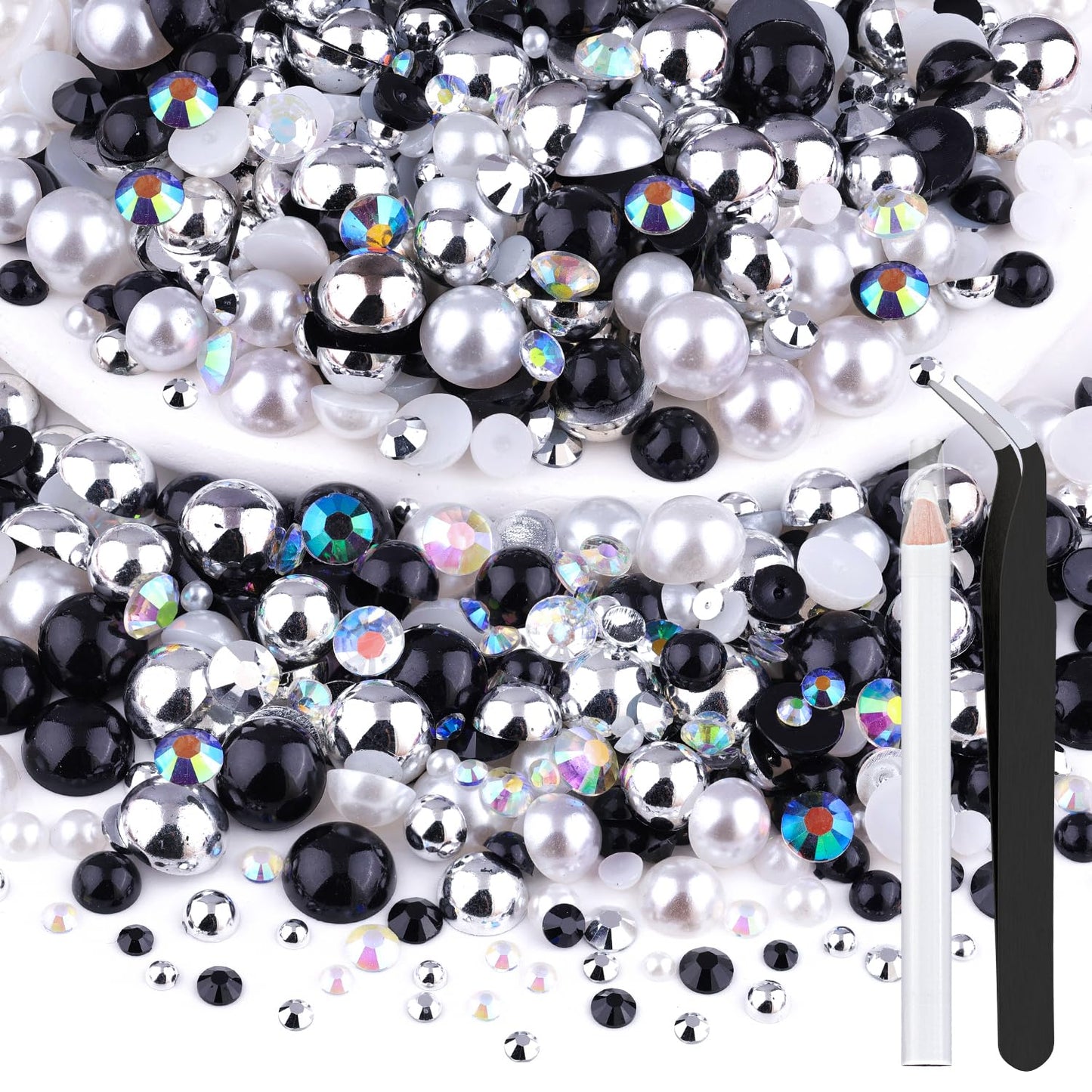 80g Flatback Pearls and Rhinestones for Crafting, Black White Mixed Size 3-10mm Resin Rhinestones and Half Pearls for Bedazzling, Nail Art and Decoration with Tweezer and Pickup Pencil