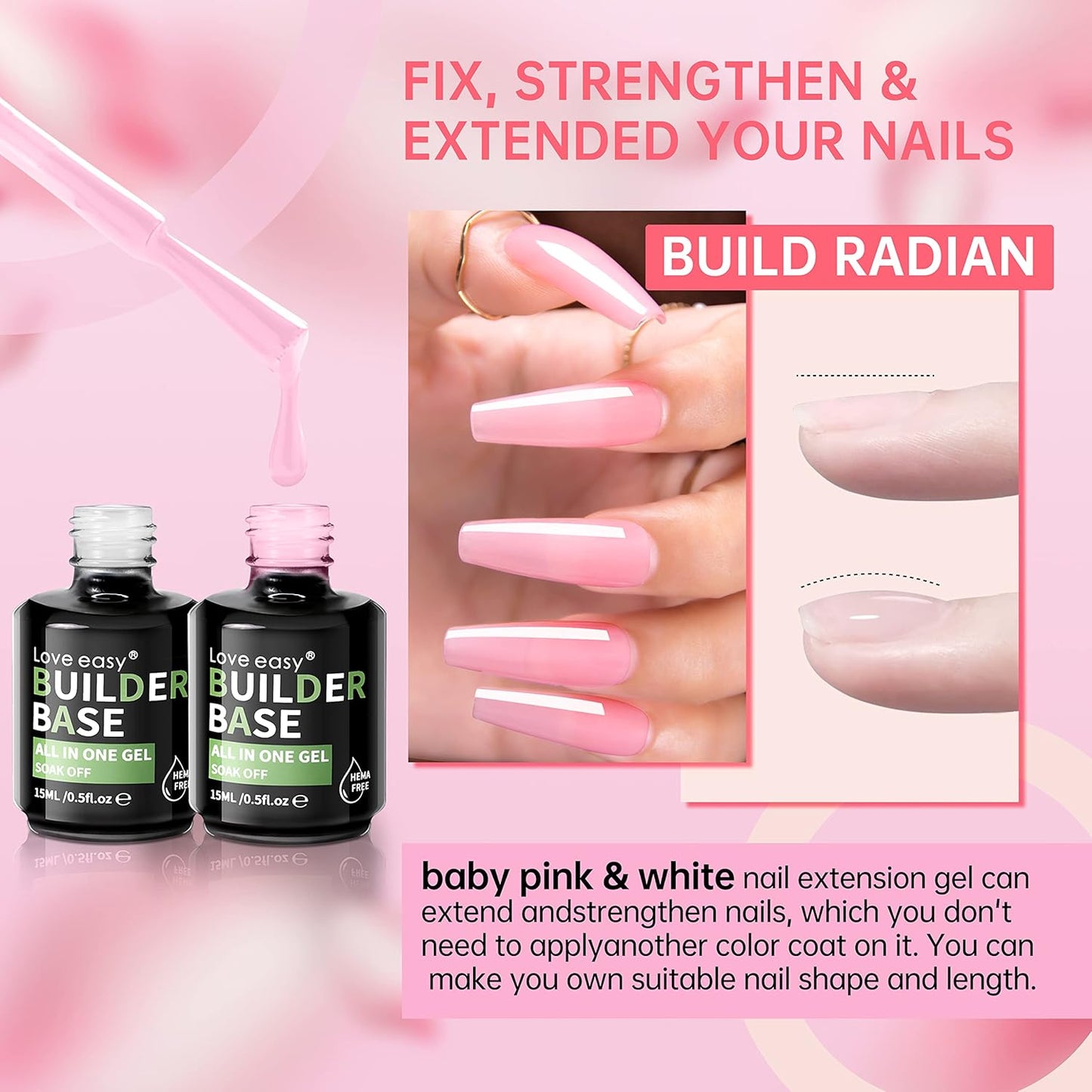Hema Free Builder Gel (Milky White+ Baby Pink) - Hypoallergenic Strong Base Coat | Long-Lasting Adhesion (30+ Days) for Professional Nails Gift for Women