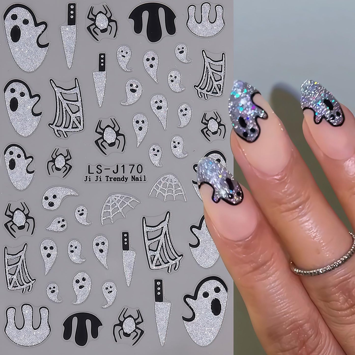 Halloween Nail Art Stickers Spider Web Nail Decals 2 Sheets 3D Self-Adhesive Glitter Spider Ghost Blood Nail Decals Day of Death Nails Stickers Holiday DIY Manicure Decoration Sticker for Women