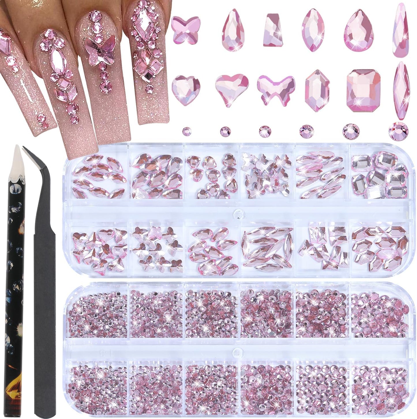 Nail Rhinestones - 3D Multi Shape Size, Flat Back, Manicure Rhinestones Charms, Crystal Pink Gems, with Kit, for Nail Art, Bedazzling Acrylic Nails, DIY Decor