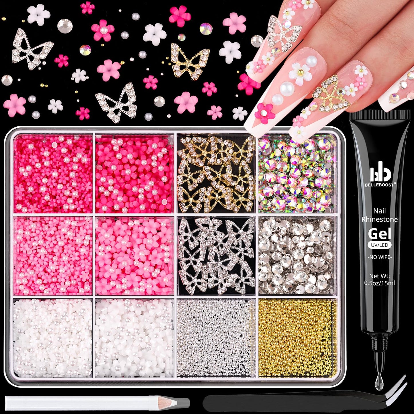3D Nail Charms and Gems Set 4 with Rhinestone Glue, 20PCS Gold and Silver Chunky Butterfly Nail Charms, 3D Flowers for Nails, Crystal and Pearls + Metal Caviar Beads + Picker Tool for Y2K Nail Decor