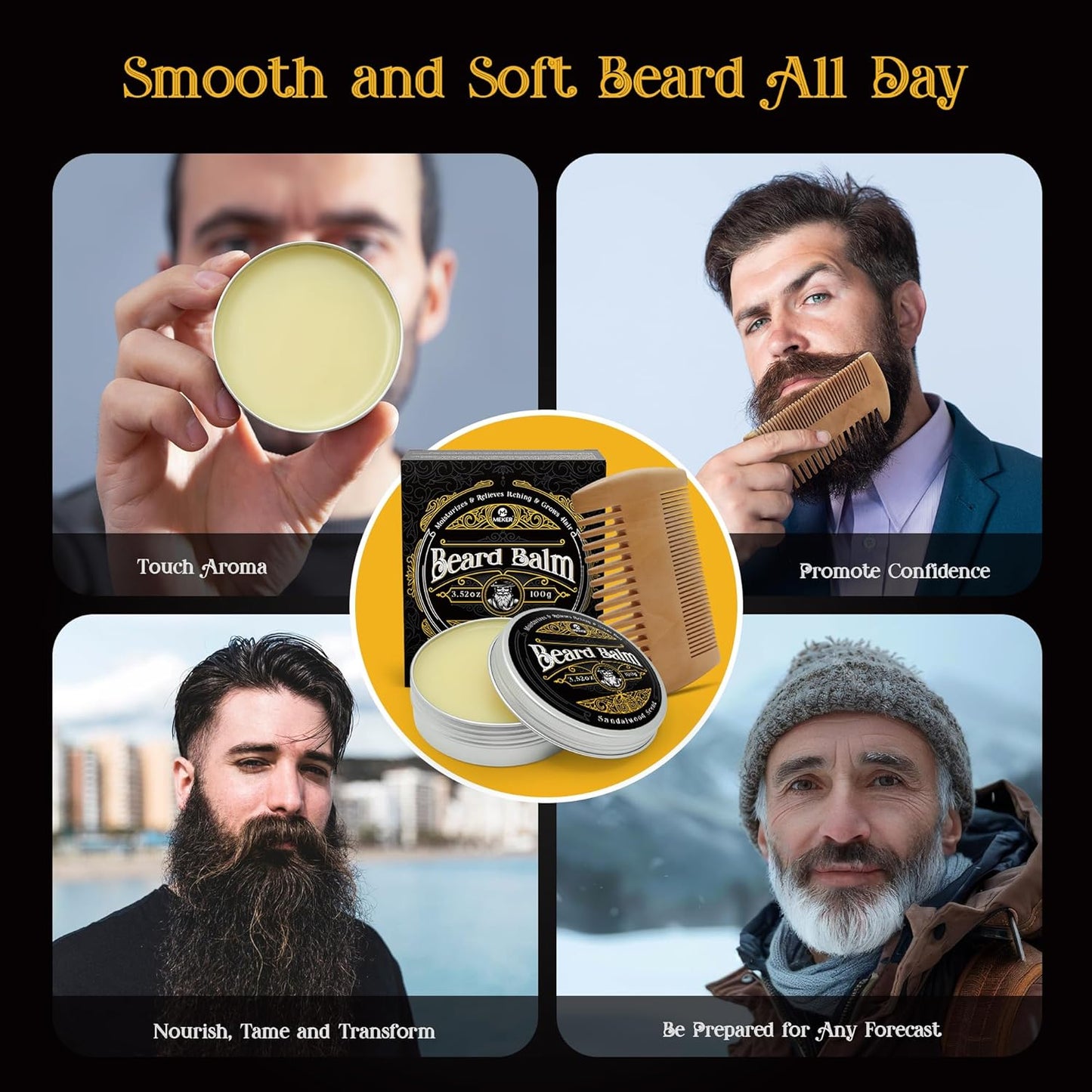 MEKER Beard Balm, Beard Softening Leave-in Balm with Brush, All-Natural Anti-Itch, Organic Beard Conditioner for Softening, Stops Itch, Grows, 7.04 OZ