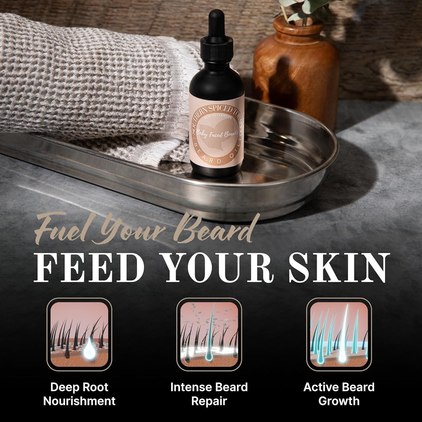 Tuscan Cooper's Baby Faced Beards Oil for Men - Hydrating, Nourishing, Natural Beard Softener and Conditioner for All Hair Types. Coconut, Jojoba, and Sweet Almond Moisture - Southern Spiced Tobacco